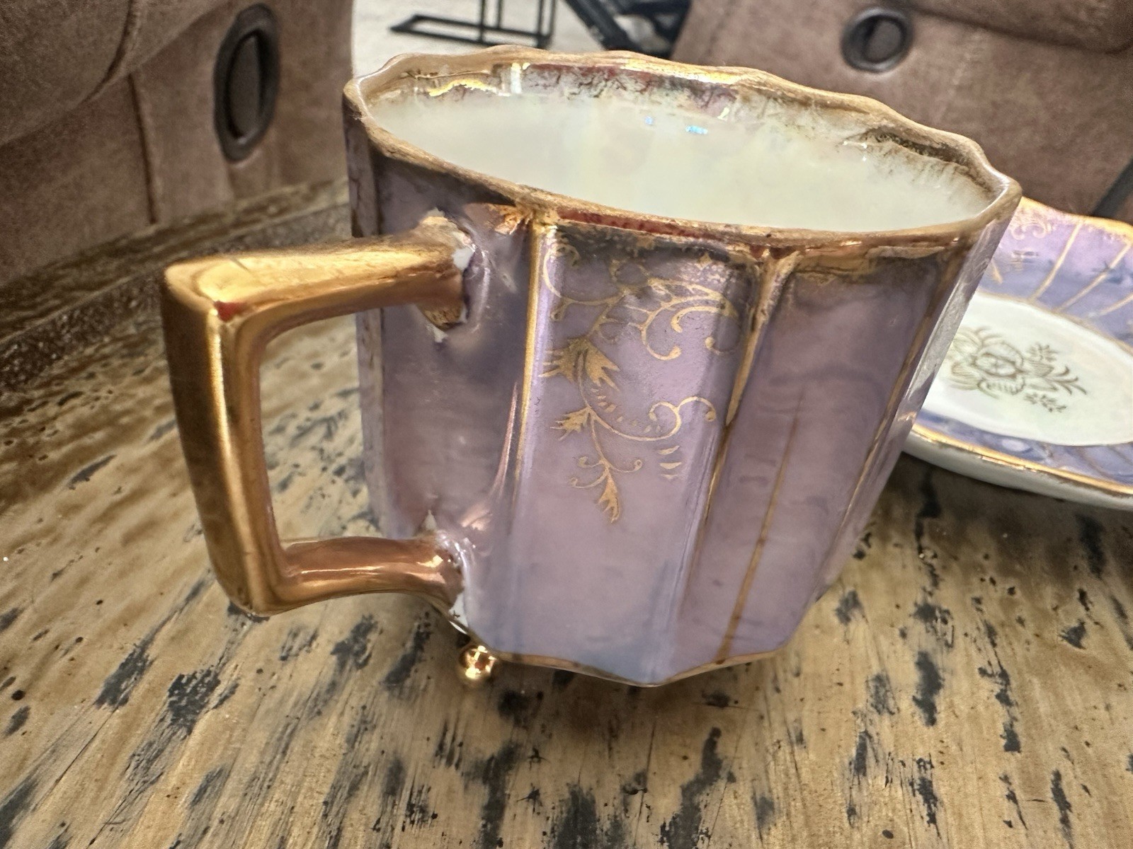 Branco Ceramics Purple White Gold Floral Ceramic Cup & Saucer Set Handle