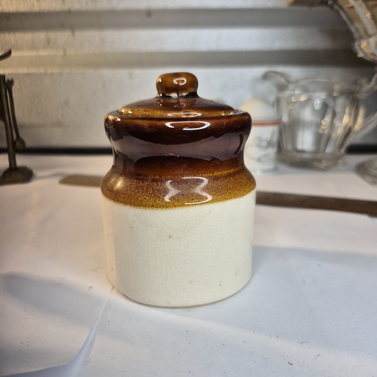Vtg Brown Drip Glaze Stoneware Lidded Jar Small Crock Sugar Bowl Farmhouse BX01