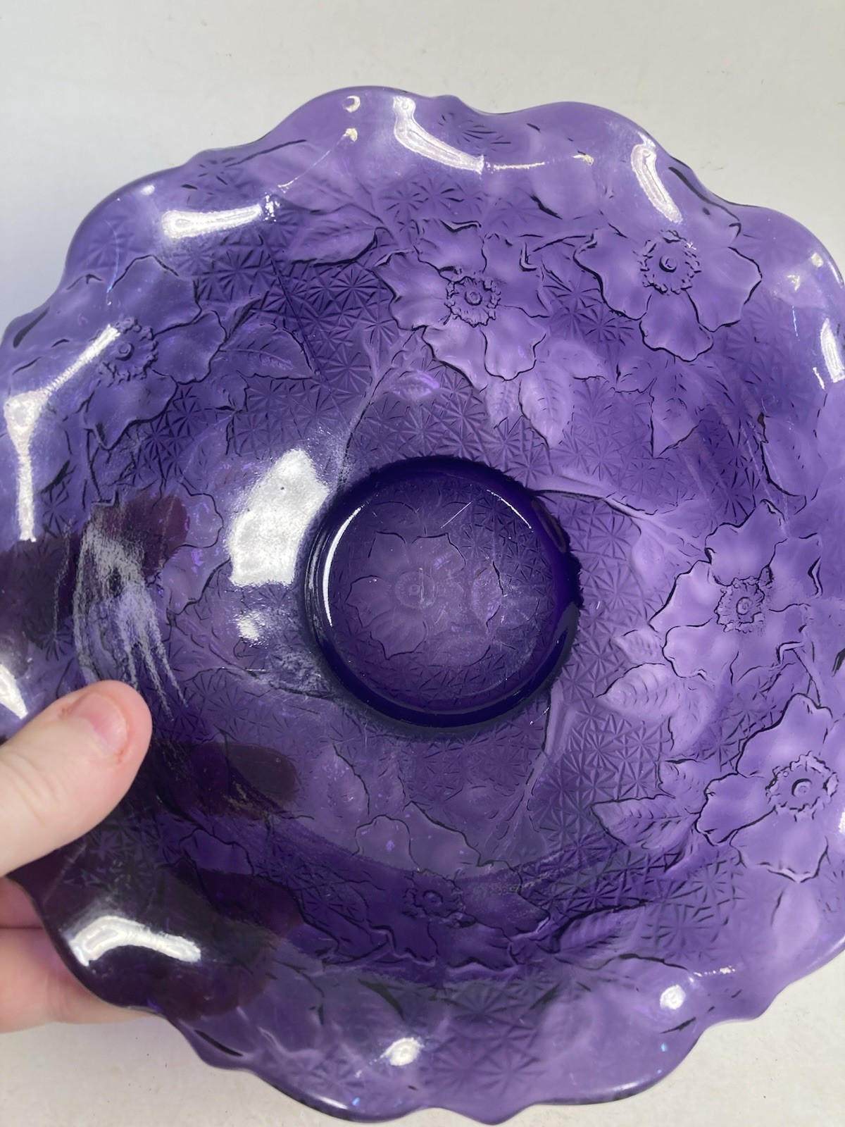 Vintage irradiated Purple Glass fruit bowl, candy bowl, floral pattern