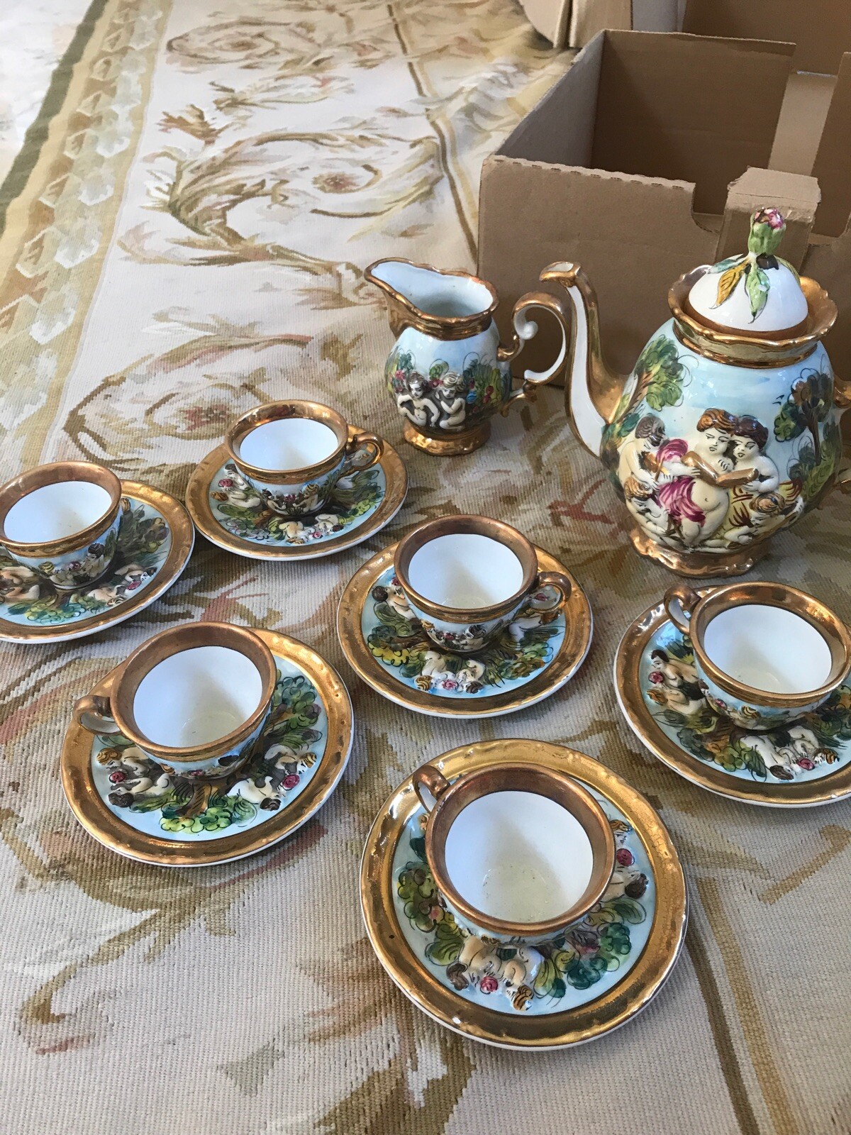 Vintage Capodimonte Italy Cherub & Music Demitasse Espresso Tea Set 15 Pcs NICE!