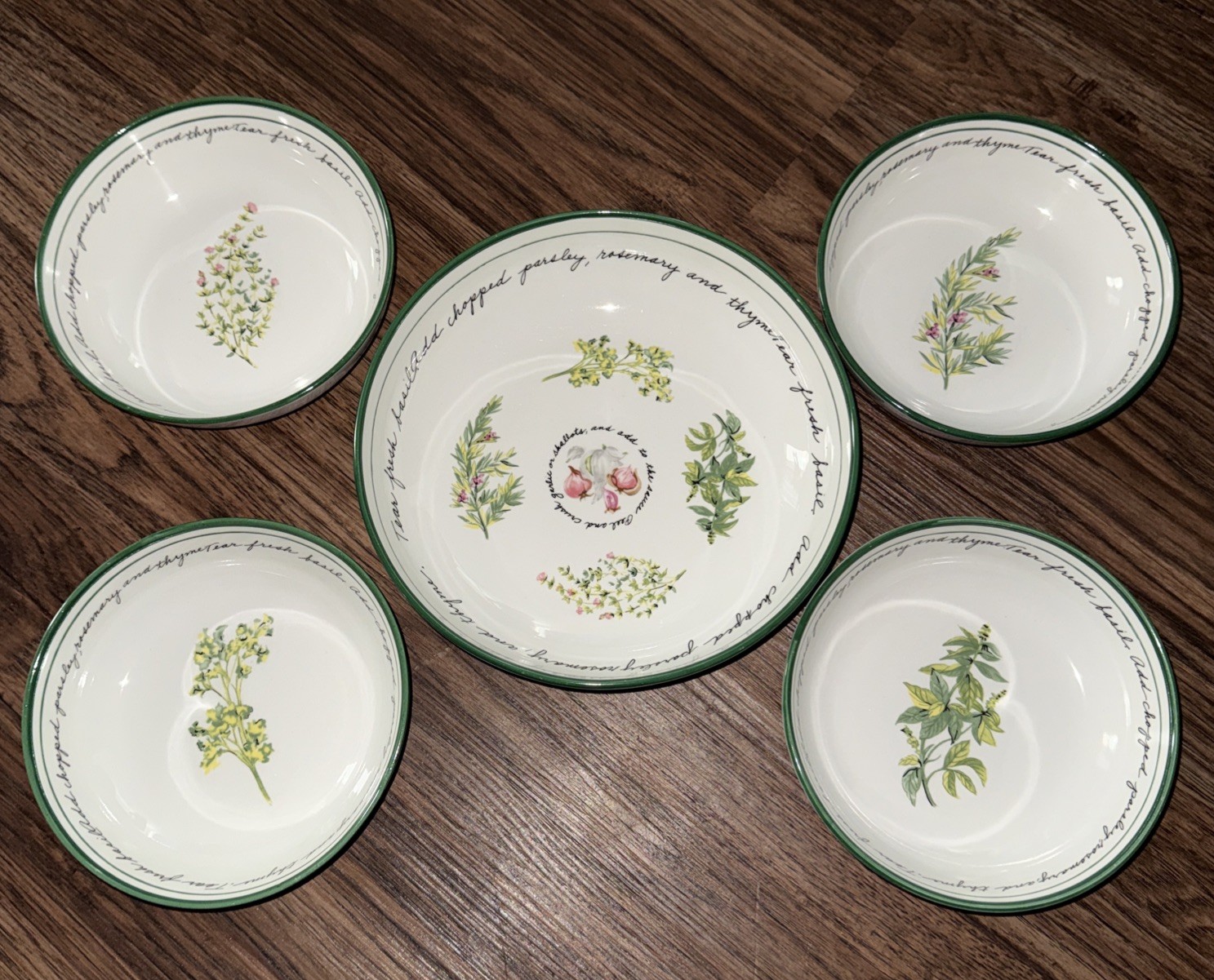 Gibson Herb Gardens Bowl Set: 4 bowls 7.25in and 1 bowl 10in Recipe Script Rim