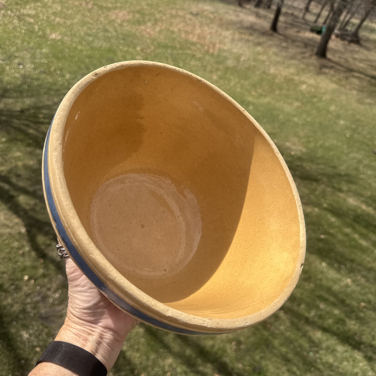 Antique YellowWare Bowl Rare#9 Blue White Stripe 9 in Marked USA Primitive