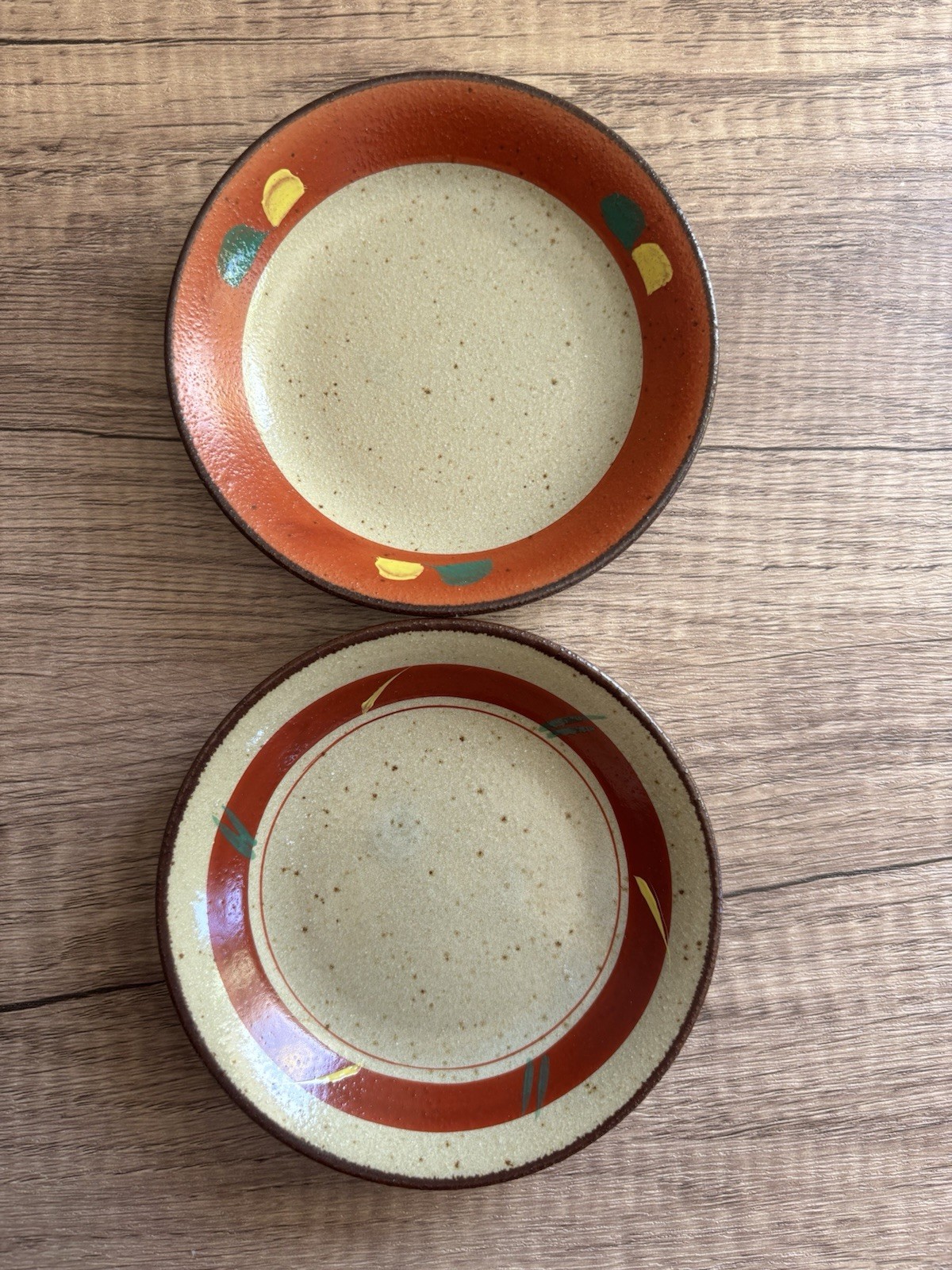 Handmade Stoneware Trinket Dishes Set of 2 Beige Brown Red Green Yellow 5in