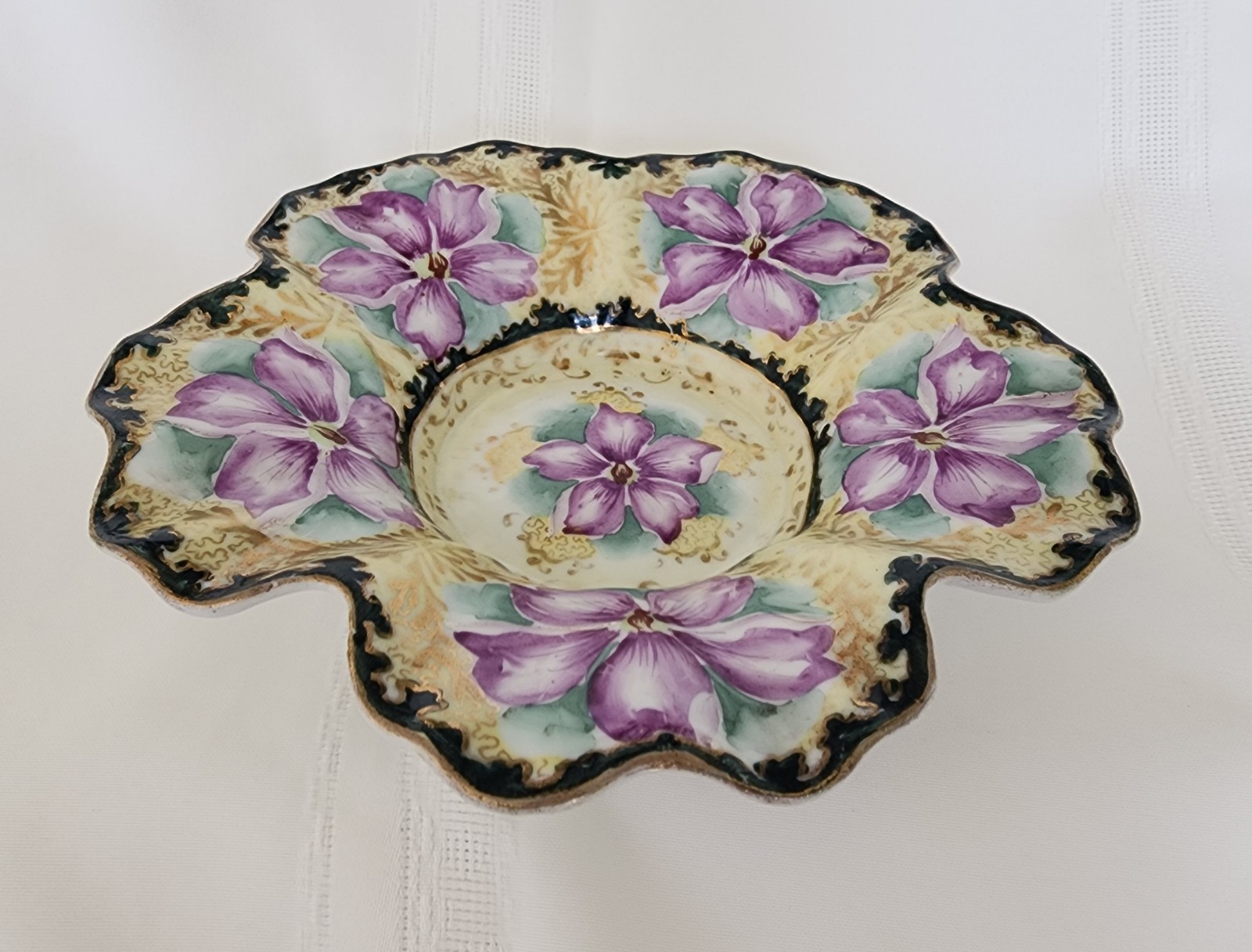 Antique Porcelain Hand Painted Purple & Gilded Floral Ftd Scalloped Bowl 8×2.25