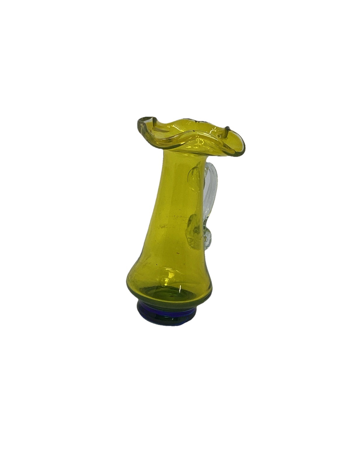 Vtg MCM Yellow Glass Small Pitcher Clear Handle Cobalt Blue Base 6”