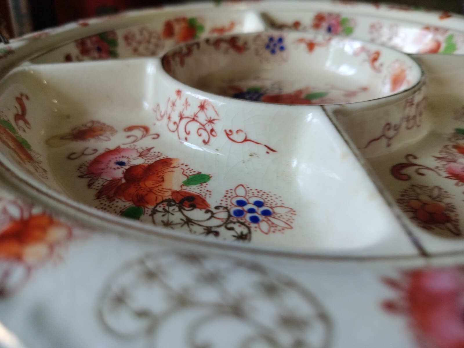 Antique Divided Serving Dish Floral Round Tray Wicker Handle Imari Japan 1940’s