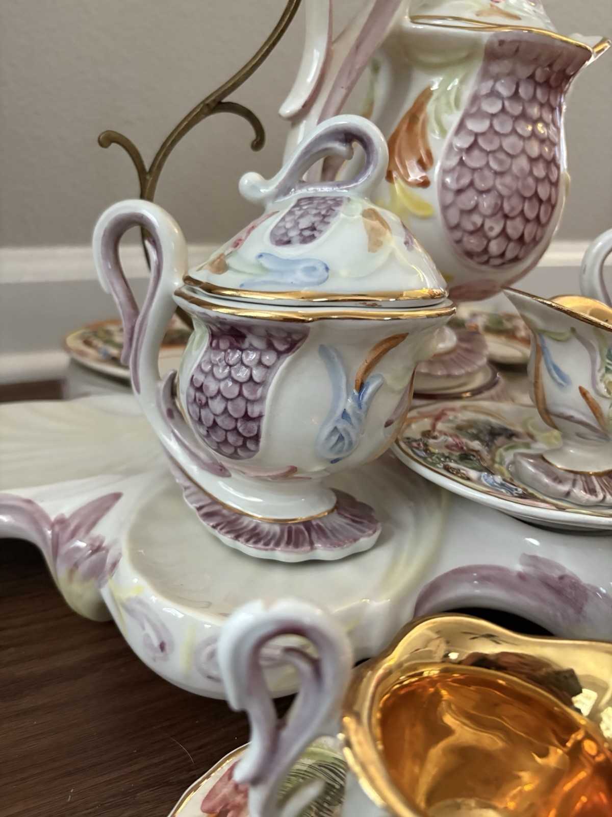 Vintage capodimonte 14 Piece Espresso Or Tea Serving Set On Stand Made In Italy