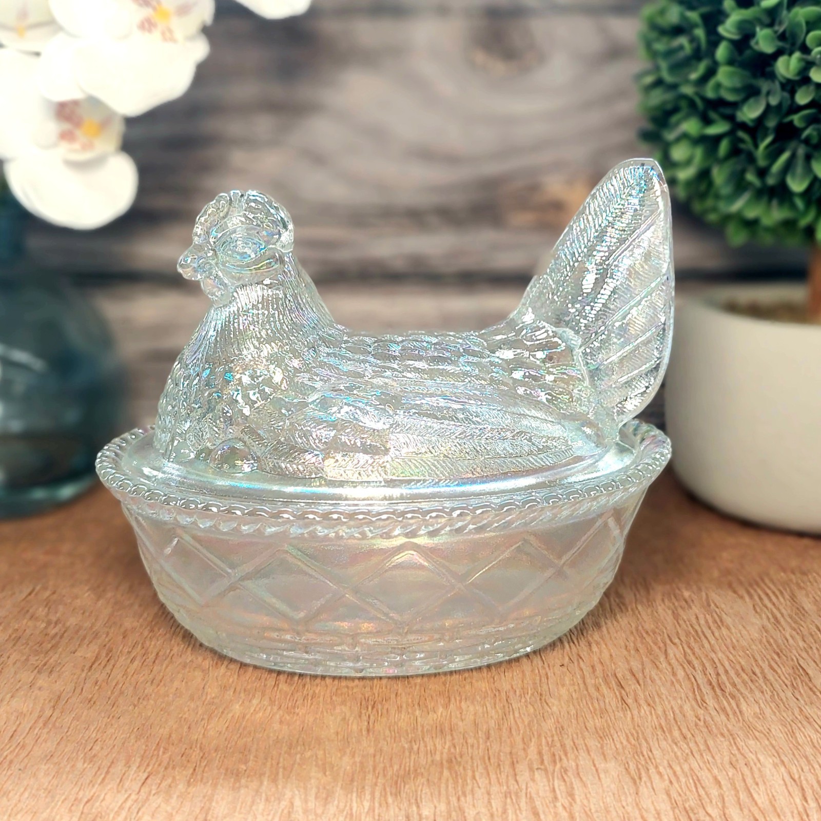 Carnival Glass Hen on Nest Chicken Candy Dish, Depression Style, Vintage Decor