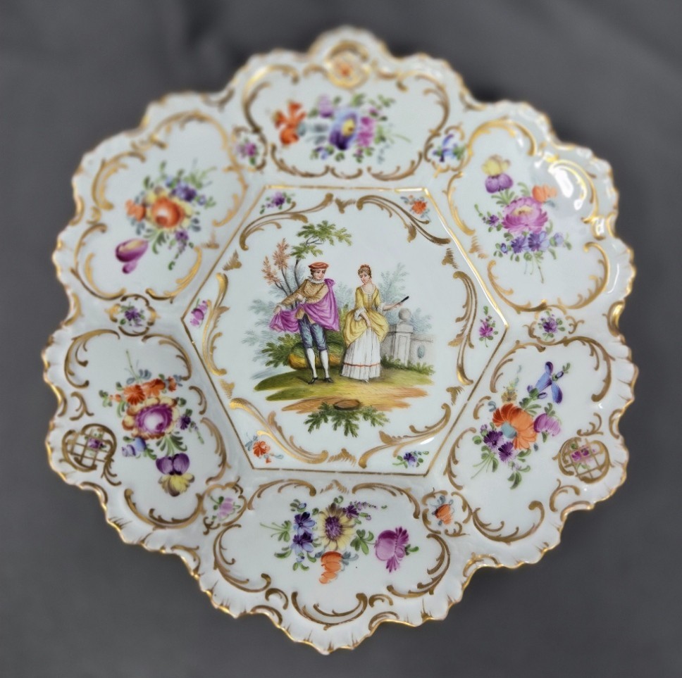 Antique Helena Wolfsohn Hexagonal Bowl Watteau Scene 9 1/4″