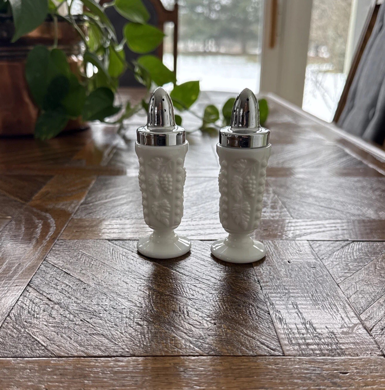Westmoreland Salt and Pepper Shaker Bead Cable Grape Leaf White Milk Glass