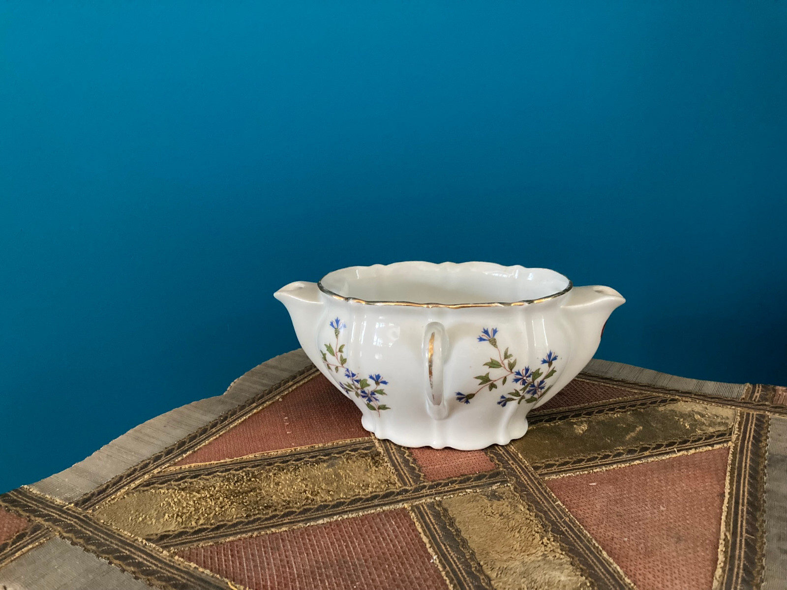Vintage White Floral Porcelain Double Spout Gravy Boat