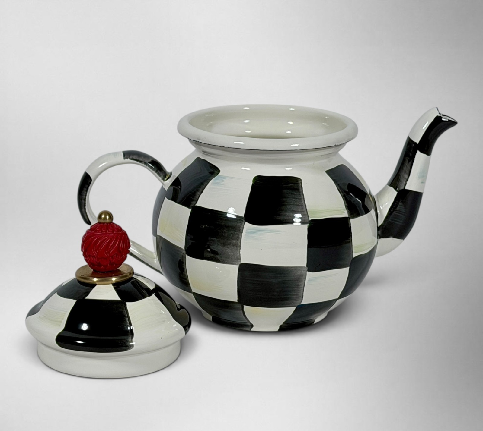 MacKenzie-Childs Courtly Check 4 Cup Enamel Teapot Red Finial Hand Painted