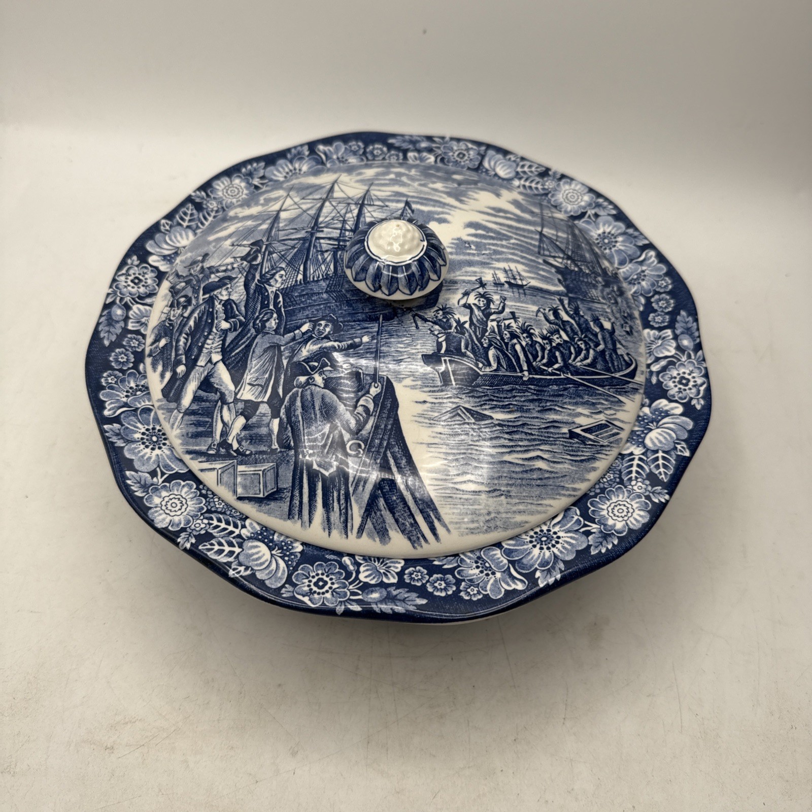 Liberty Blue “Boston Tea Party” Covered Serving Bowl – Historic Colonial Scene