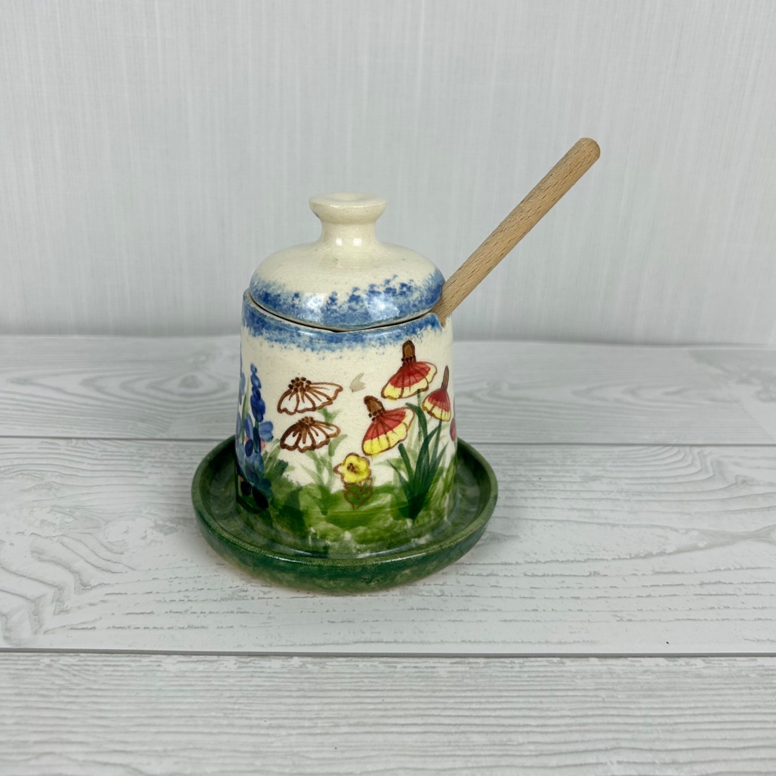 Handcrafted Ceramic Honey Pot Botanical Design Lid & Dipper Artist signed MDE