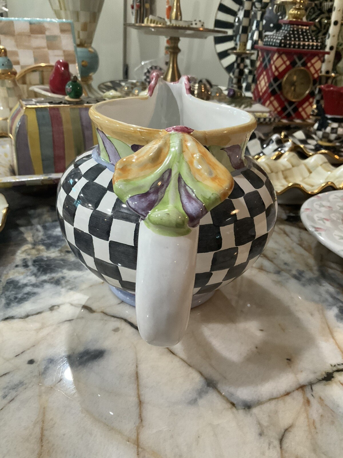MacKenzie-Childs Piccadilly Chicken Ceramic Pitcher With Courtly Check