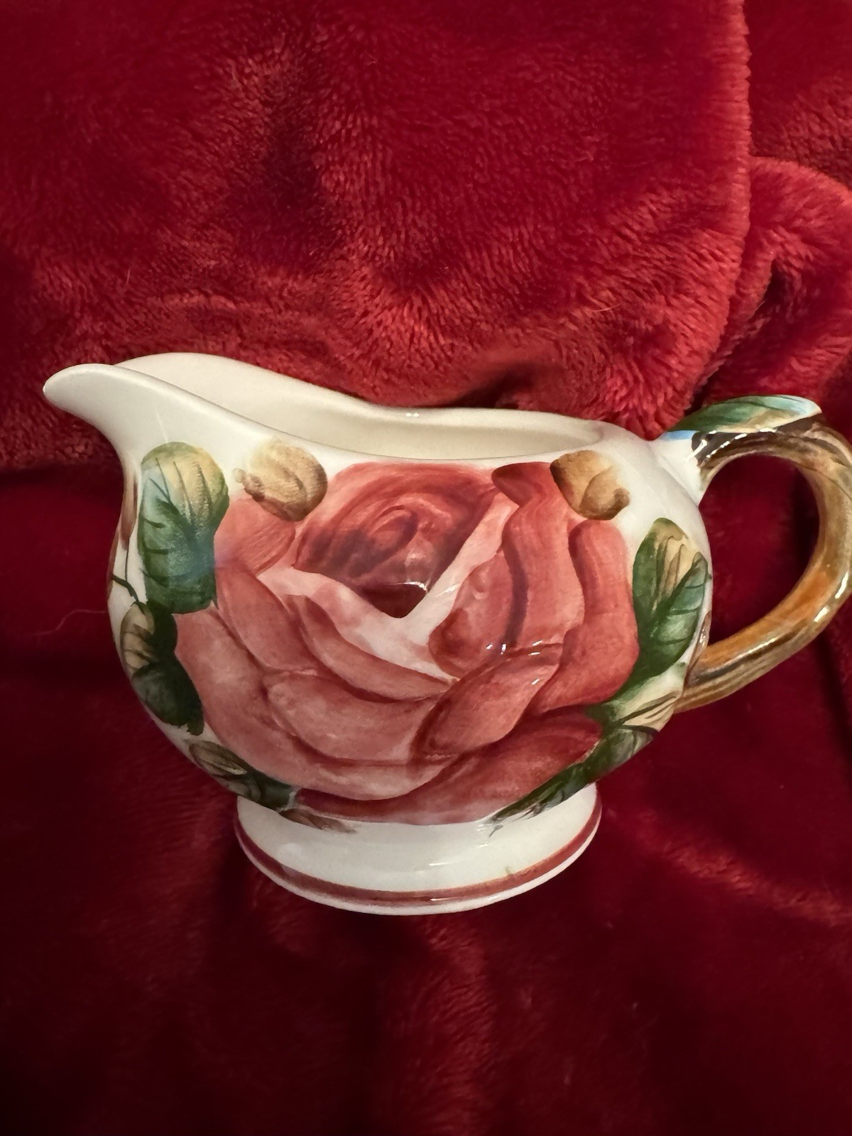 Hand-Painted Floral Rose Ceramic Creamer, White/Pink/Green, Gold Handle 953