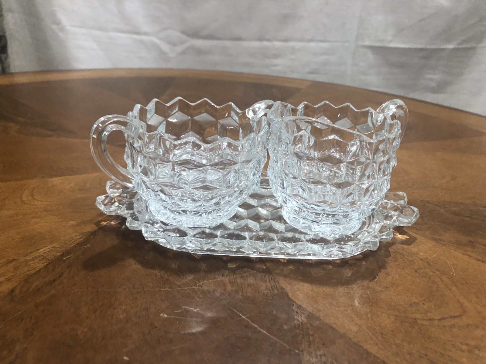 FOSTORIA CLEAR GLASS AMERICAN CUBIST PATTERN CREAMER, SUGAR BOWL AND TRAY SET