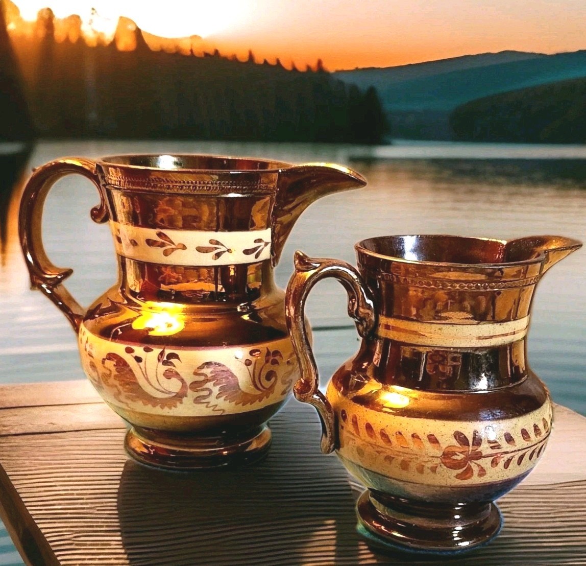 2 English Copper Lusterware Pitchers Staffordshire Pottery 1850-1899 England