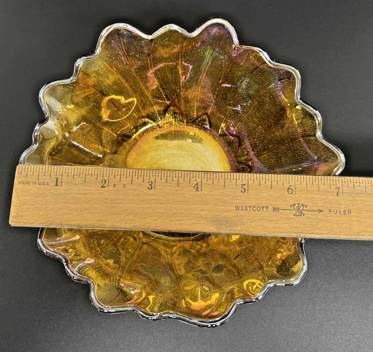 Indiana Iridescent Carnival Glass Bowl set of 2 VTG Sunflower Marigold Amber 7″