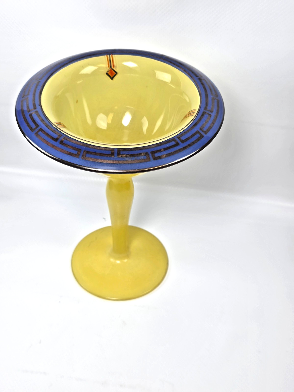 Antique Art Deco Glass Compote Bowl Yellow Cobalt Blue Greek Key Tazza Moser
