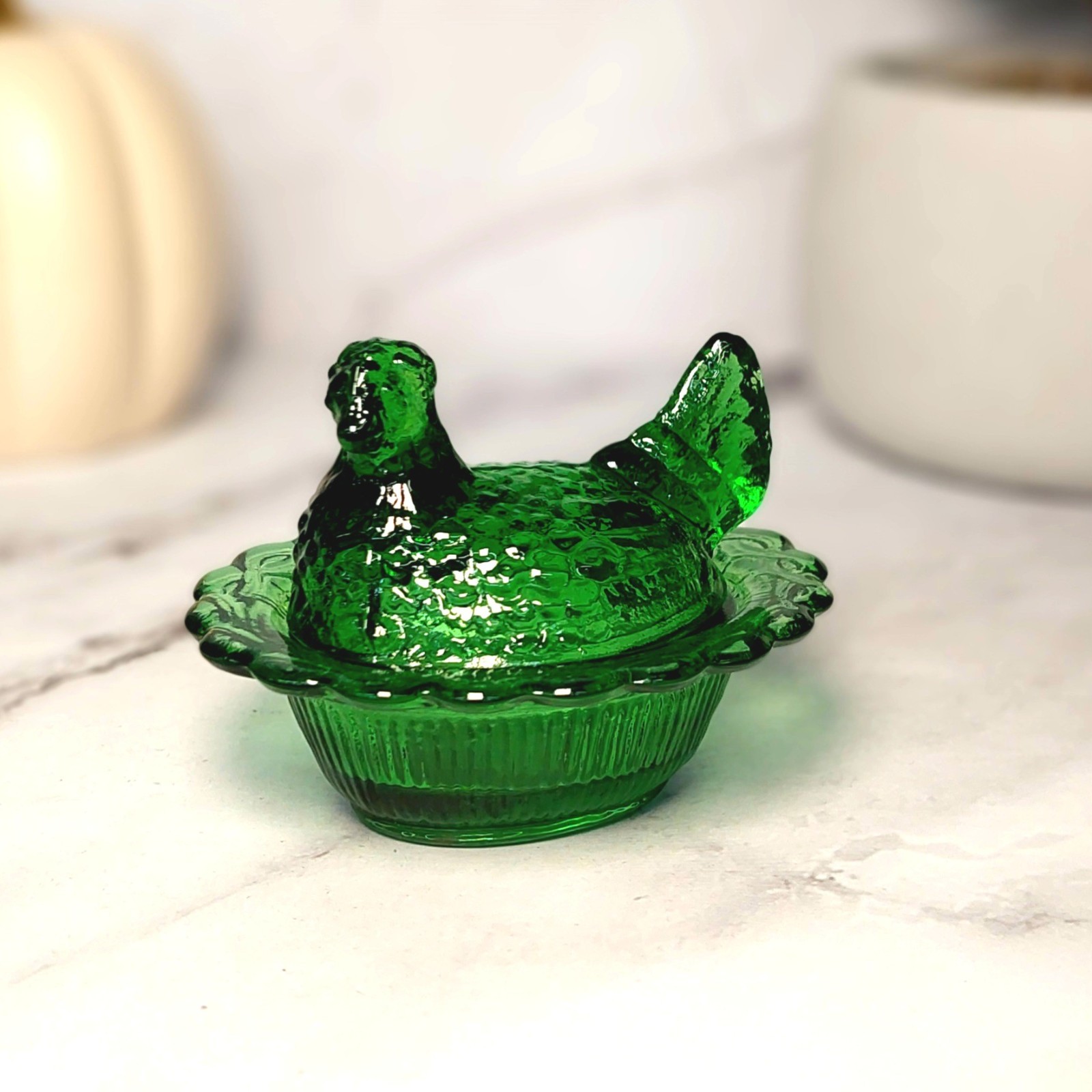 Mosser Mini Hen on Nest Chicken Salt Dish, Green Depression Style Glass