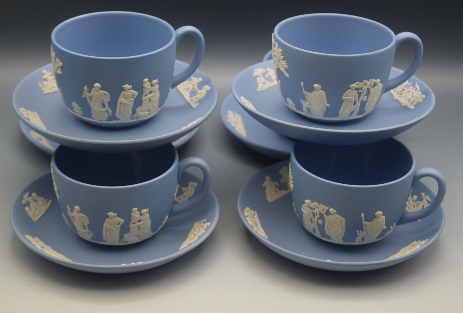 6 SETS WEDGWOOD BLUE JASPERWARE CUPS AND SAUCERS NEOCLASSICAL MYTHOLOGY