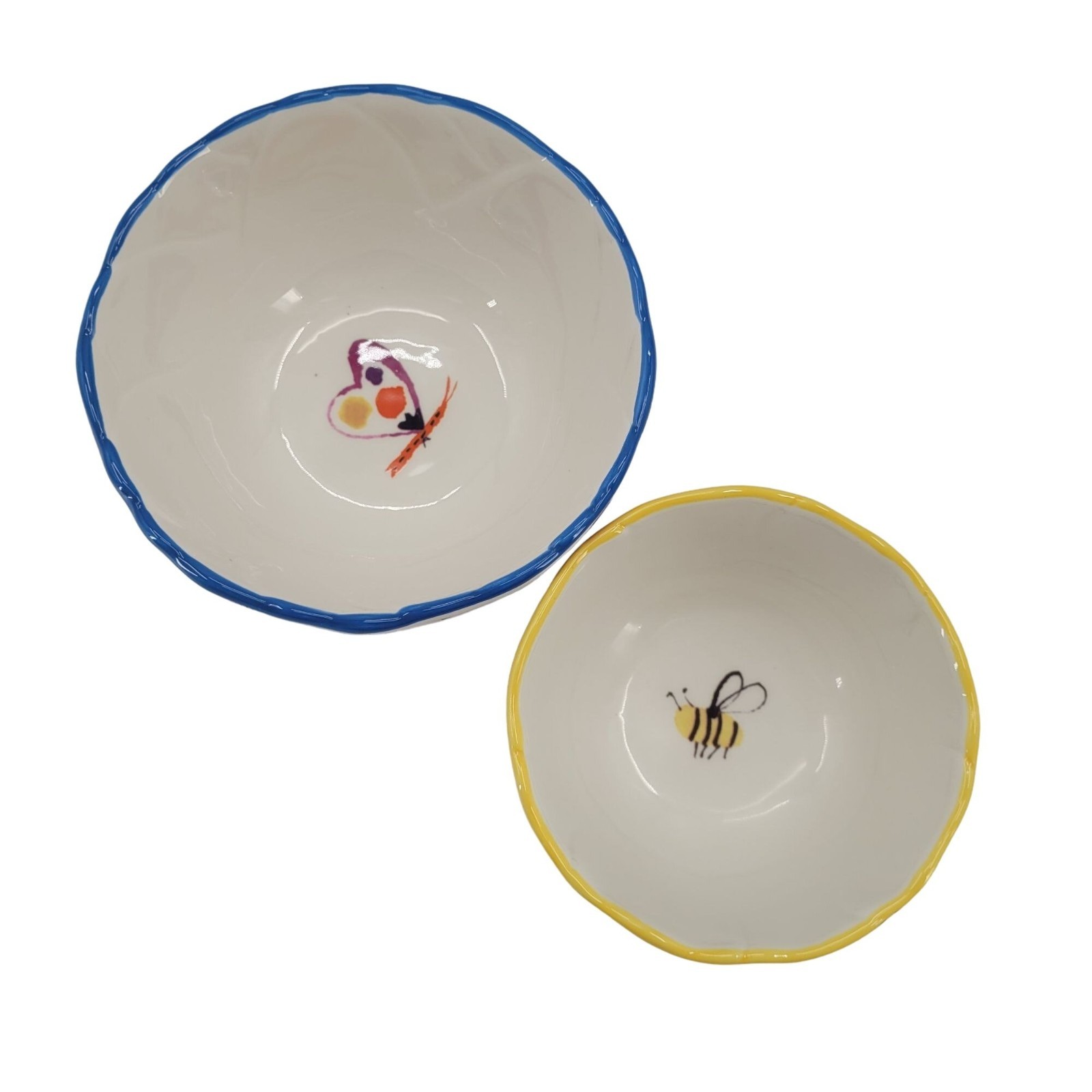 Tag bowls with colorful flowers, butterfly and bee set of 2