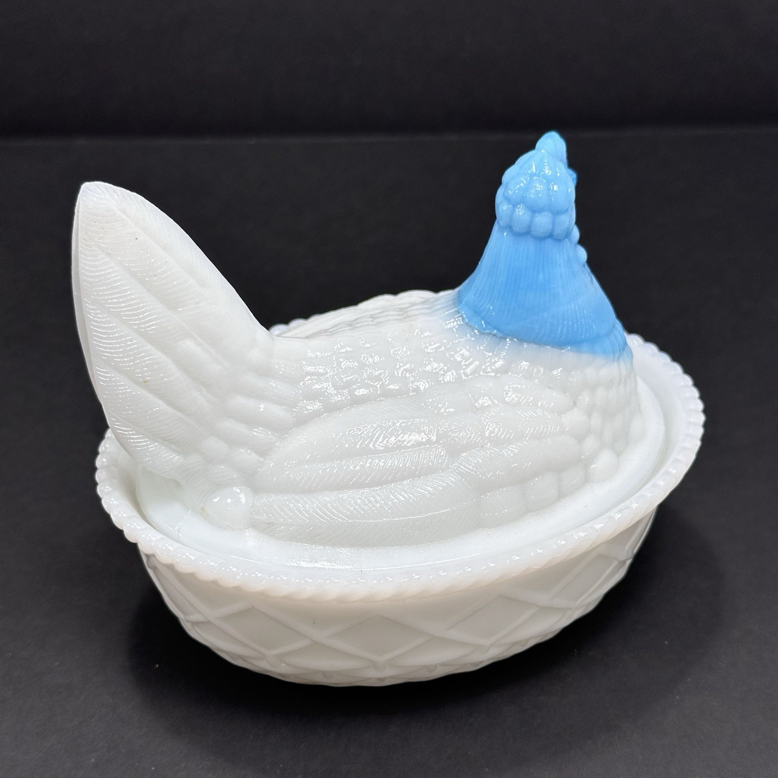 Westmoreland Hen on Nest Milk Glass Blue Slag Head 5.25″ x 4″ Vintage