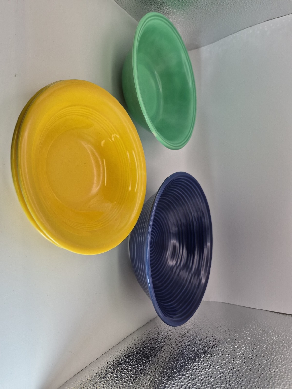 4 Vintage Ceramic Primary Stoneware Bowls Unmarked ~Cobalt Blue ~Green ~Yellow