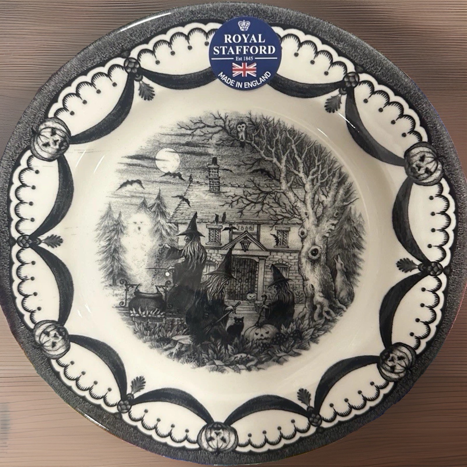 Royal Stafford Halloween The Witches Coven w/ Cat 11″ Set-4 Dinner Plates NEW