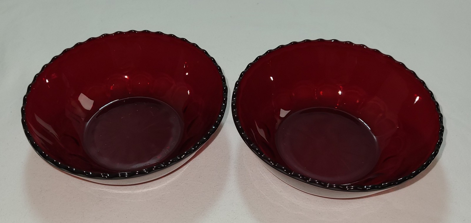 2 Vintage Ruby Red Anchor Hocking Berry Bowls Thumbprint Pattern Ruffled Edge