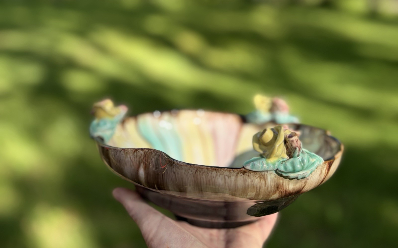 Austrian Anowork art pottery bowl w/ multi -colored drip glaze. New