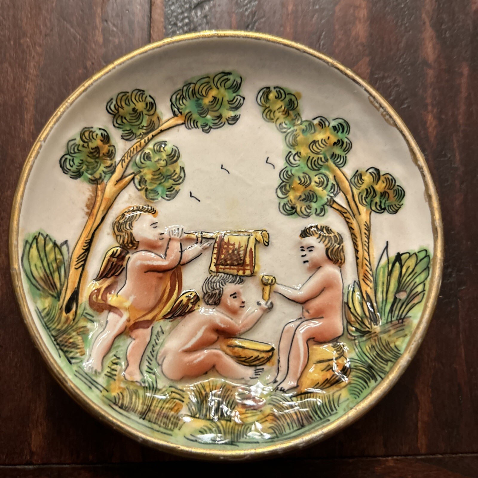 Vintage Pair Capodimonte Porcelain Hand Painted Mini 3 7/8″ Plates Cherubs Italy
