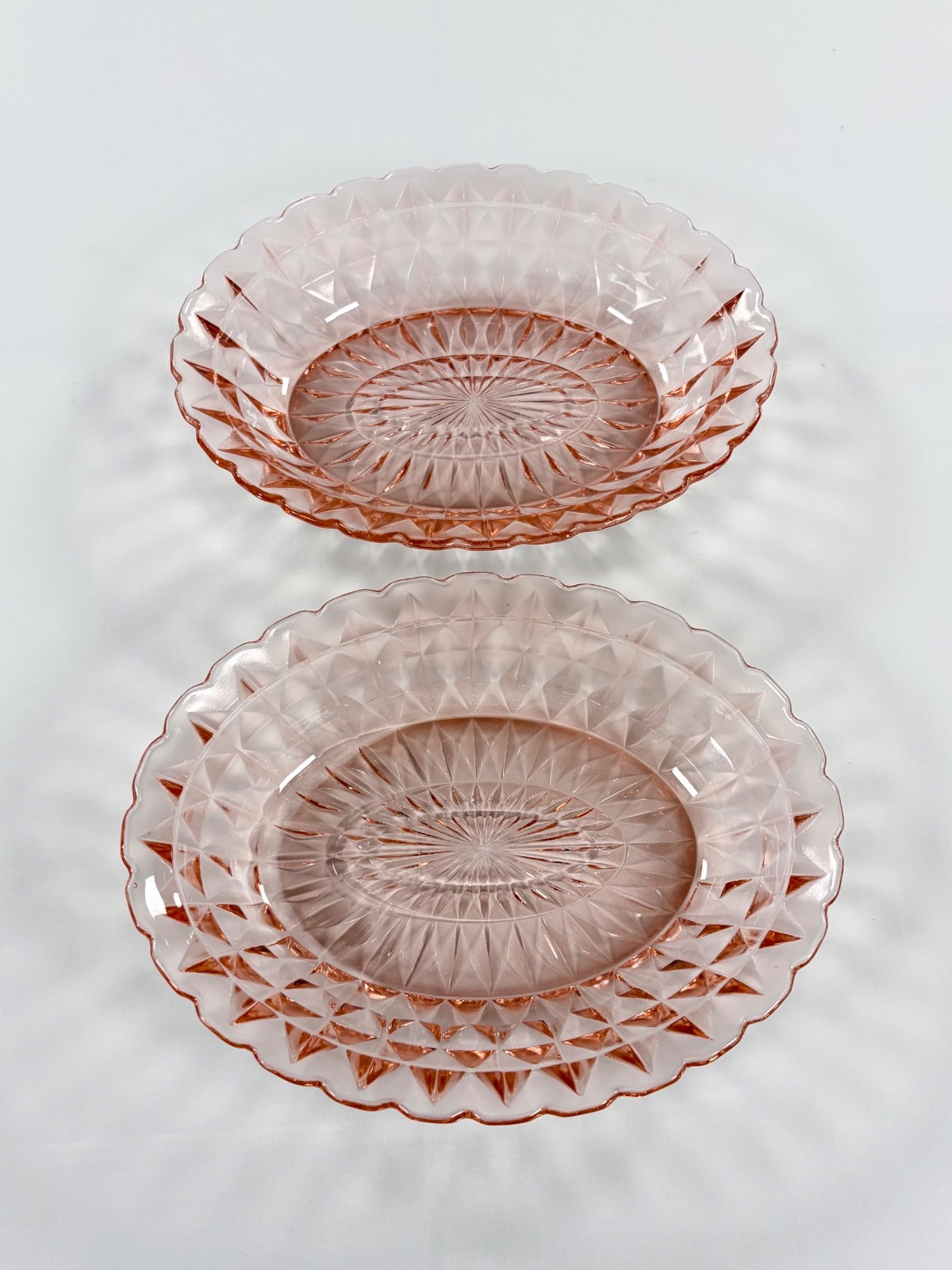 2 Vintage Jeannette Windsor Diamond Pink Depression Glass Oval Serving Bowls Set