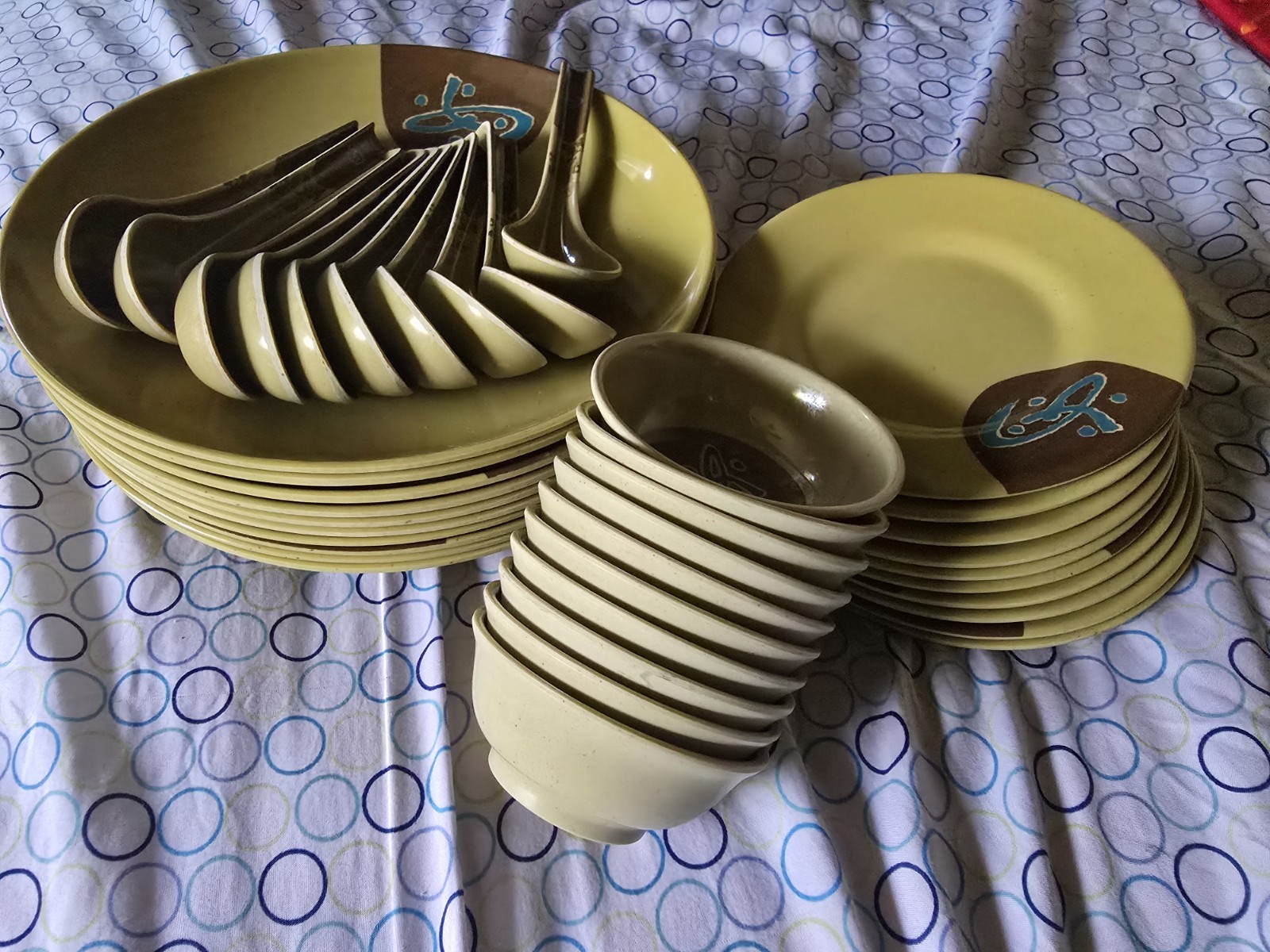 Beige Brown Blue Abstract Glossy Stoneware Dinner Set, Round Plates & Bowls