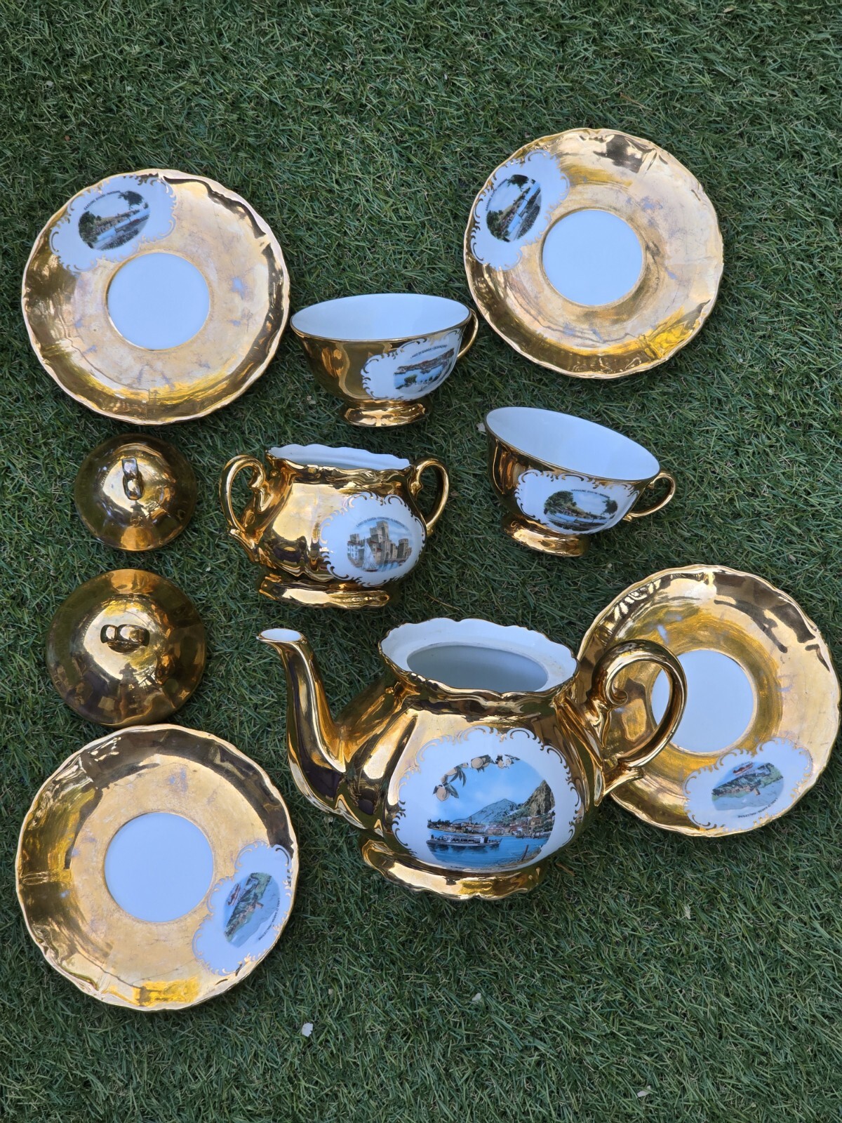 VTG 1960s Limone Castello MURANO GOLD PORCELAIN Tea Set 10 Piece 2 Cups 4 Plates