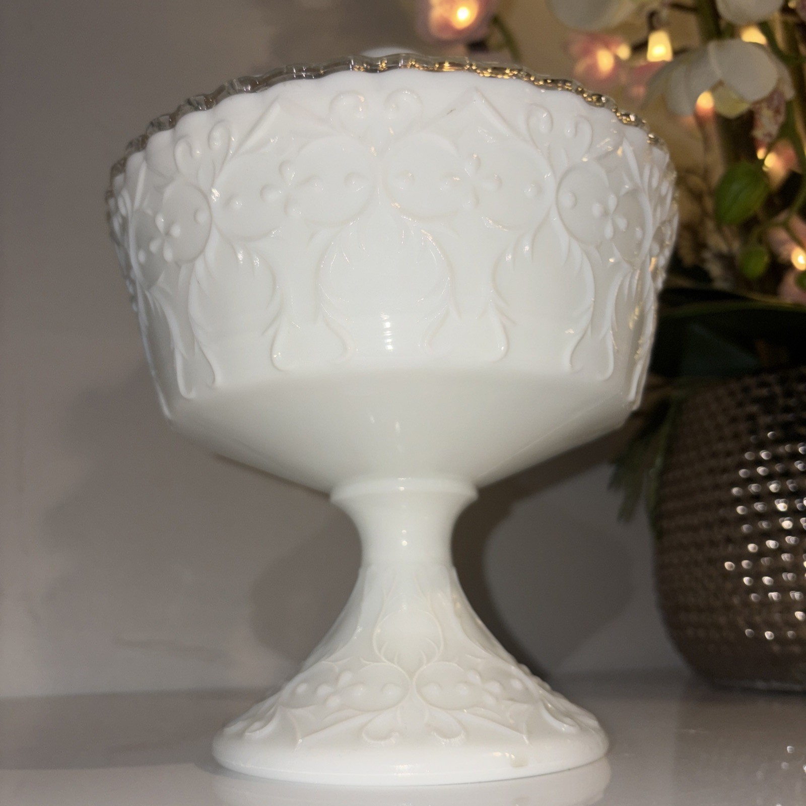 Fenton Milk Glass Silver Crest W/ Spanish Lace Footed Compote Candy Dish W/Lid