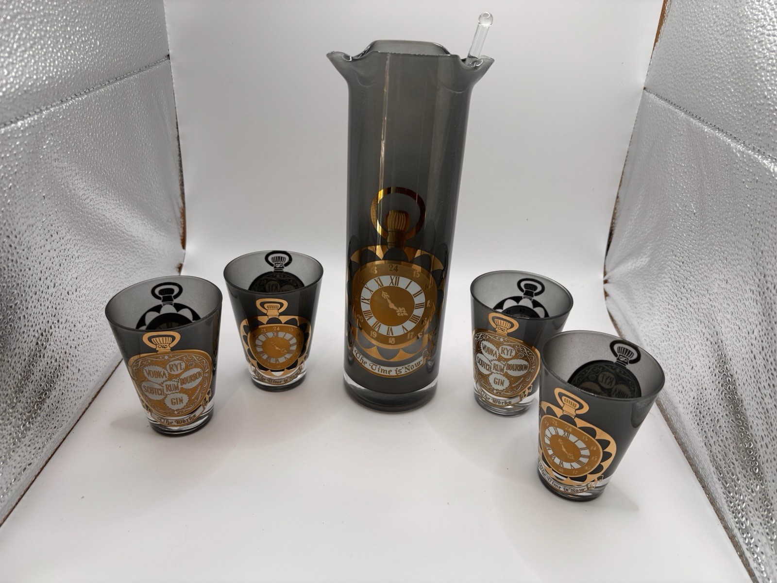 MCM Cocktail Pitcher /4 Tumblers / Stirrer “The Time Is Now” 22K Gold Pristine