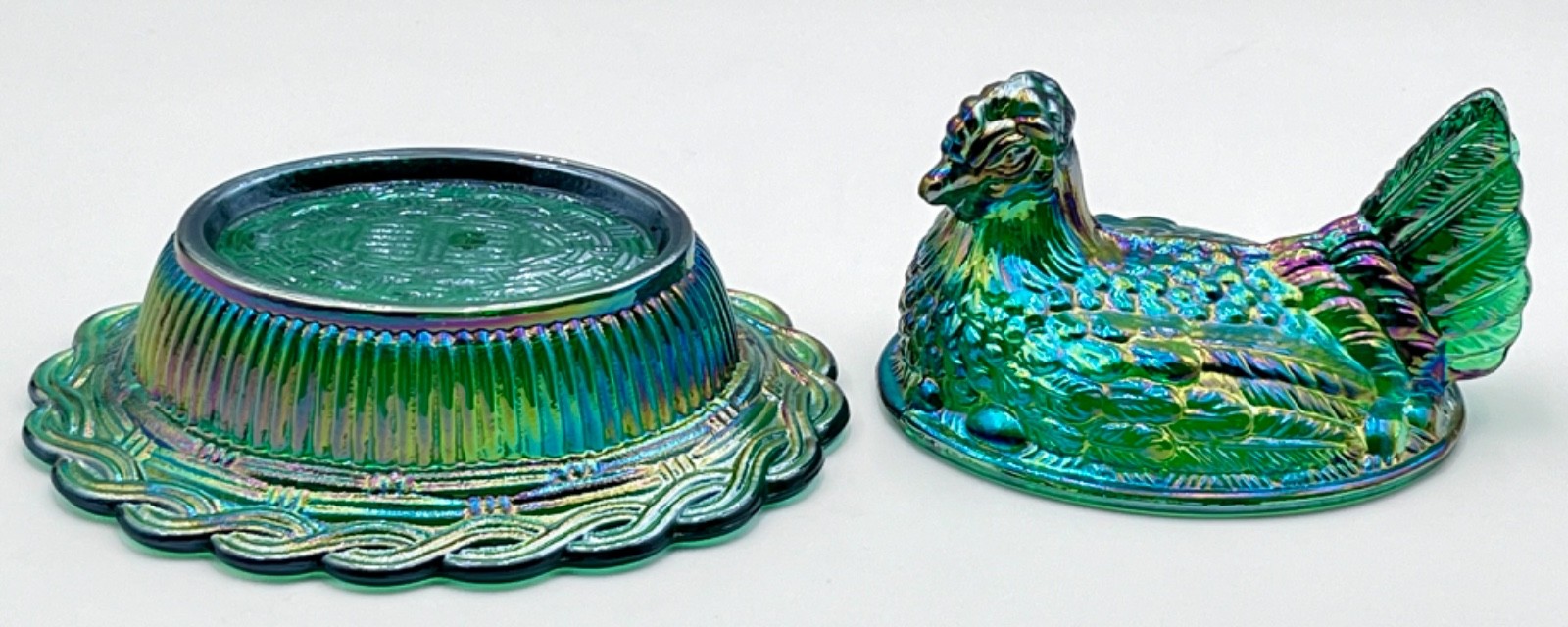 Mosser Hen on Nest HUNTER GREEN CARNIVAL6 1/2″ Glass Marked Mosser FREE SHIP