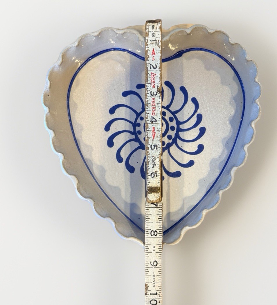 Vintage Kemper Pottery Heart Dish Oneonta NY Blue Floral Stoneware Baker 1988
