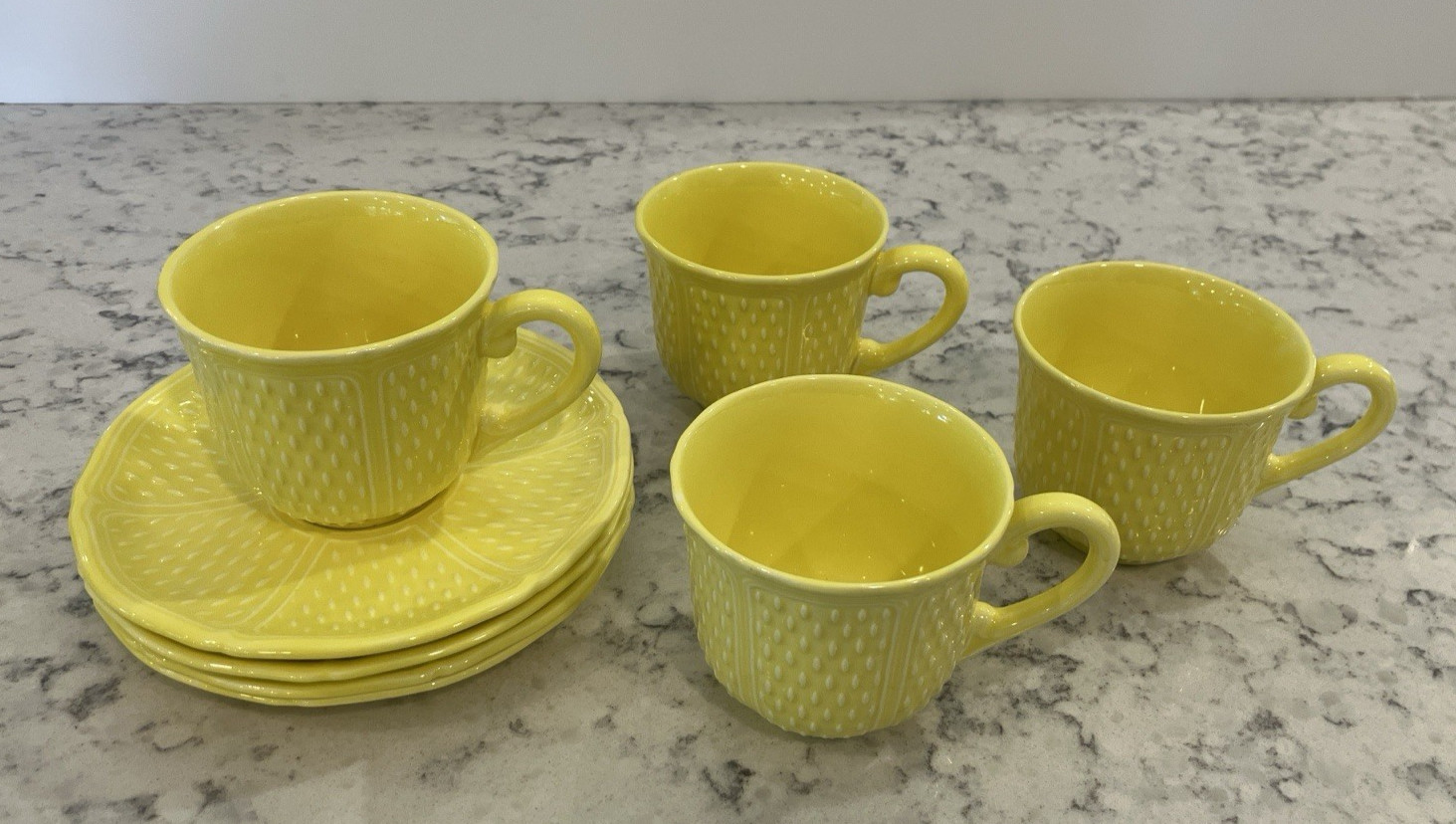 Vintage Bon Vivant Faience Yellow Hobnail 4 cups & 4 Saucers Set France Tea