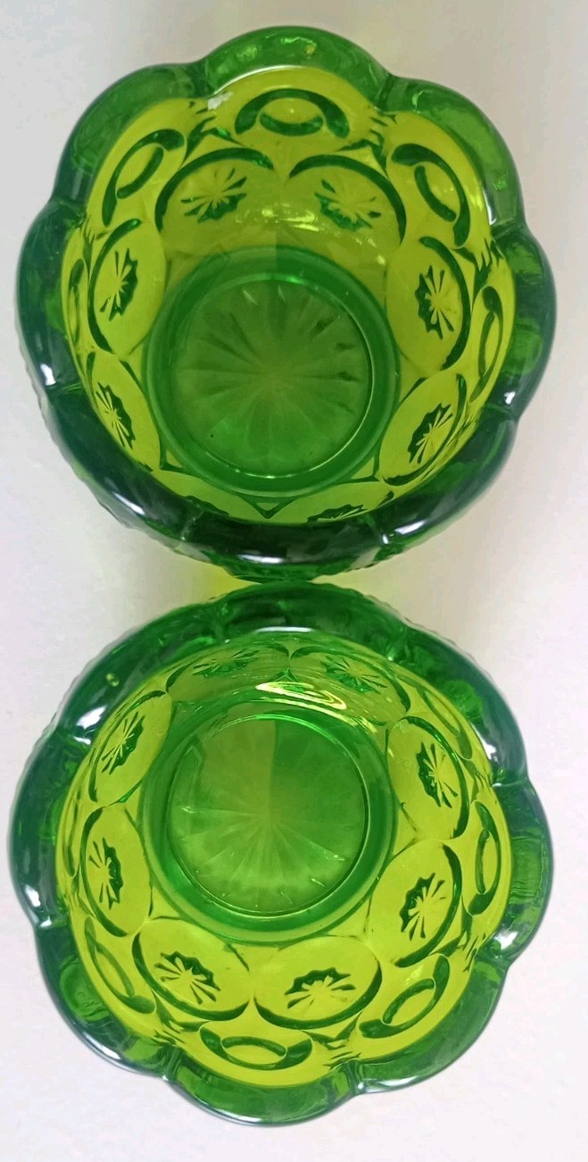 VINTAGE L E SMITH OLIVE GREEN MOON & STARS GLASS MINI BOWL SET