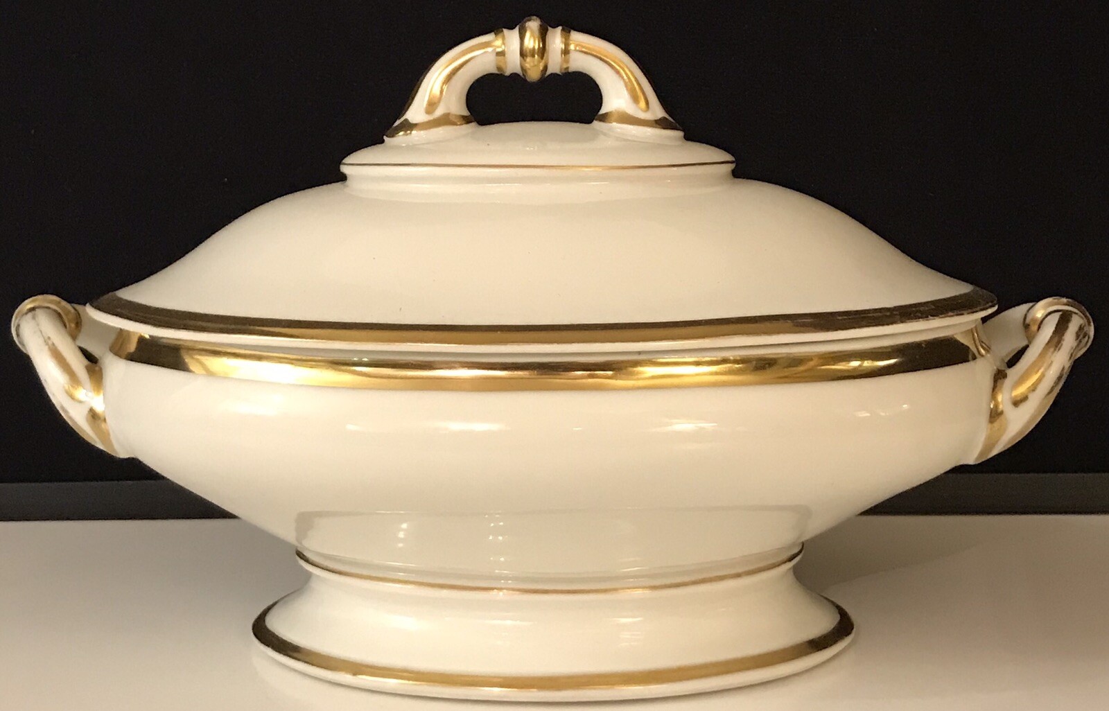 VICTORIAN GOLD ENCRUSTED BONE CHINA TUREEN & LID-11 5/8”L X 7”W X 7”H
