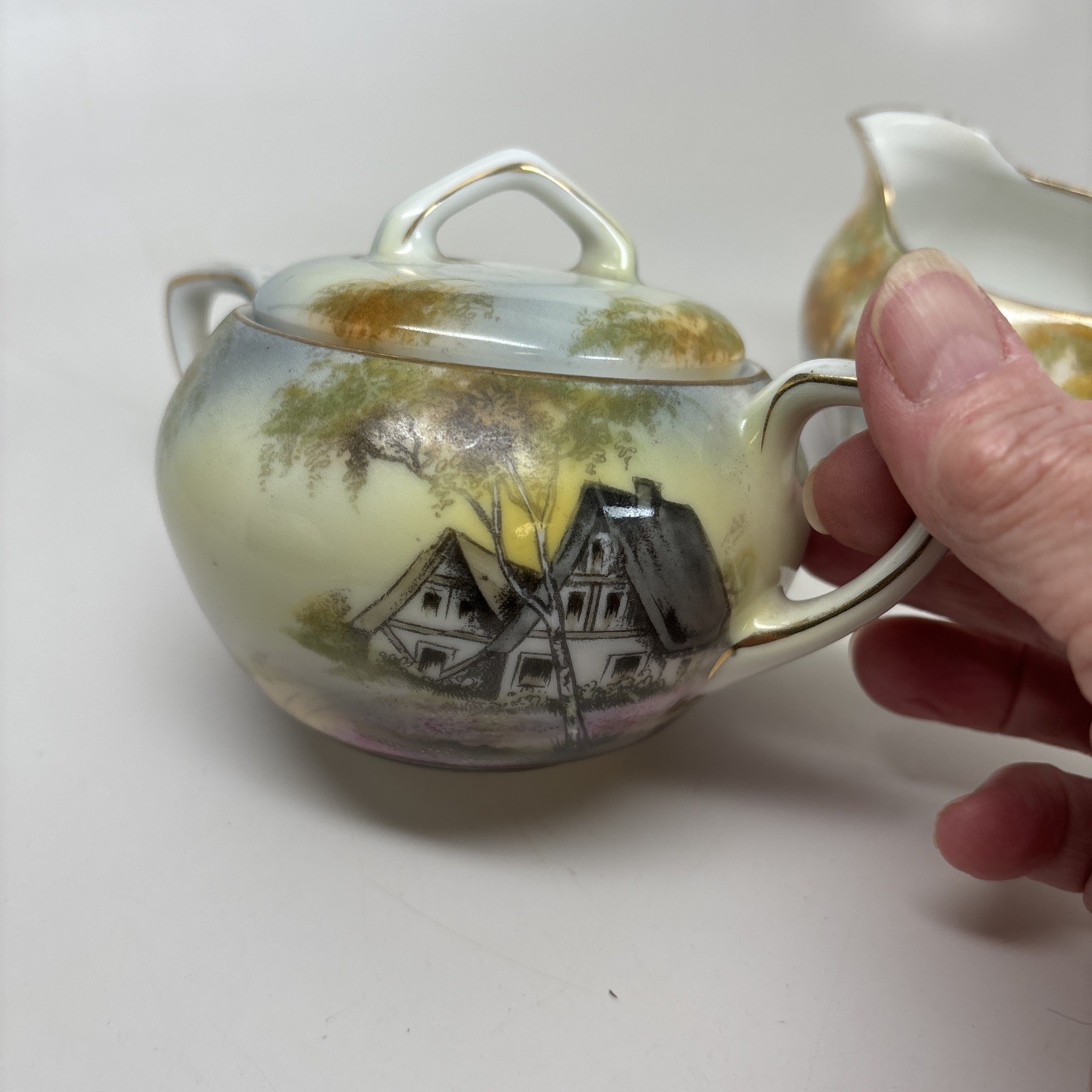 Antique RS Prussia Rare Sugar Creamer Cottage Barn Motif