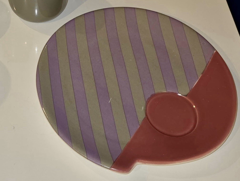 Vintage Vandor 1985 Cup/Saucer Set MidCentury Japan Pink Purple Striped Plates