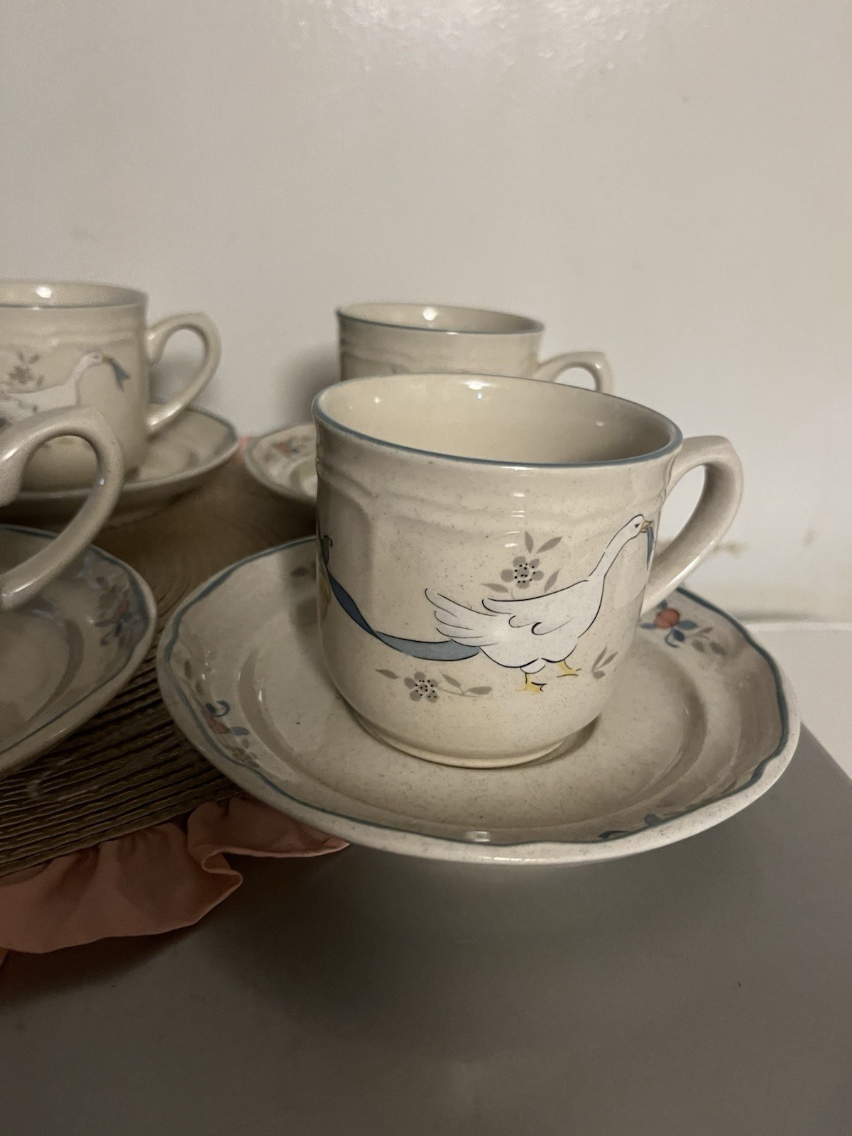 6 piece cups/saucers Marmalade International Tableworks Stoneware goose/fruit