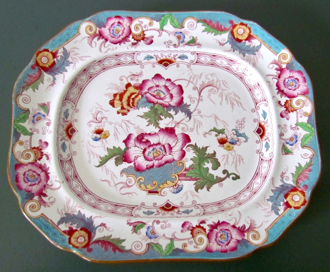 Antique Cauldon Large Platter Bentinck Turquoise Floral Transferware England
