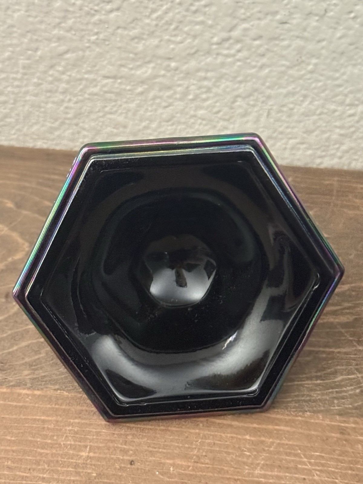 Fenton Carnival Glass Grapes Candy Dish With Lid Hexagon Shape Iridescent Finish
