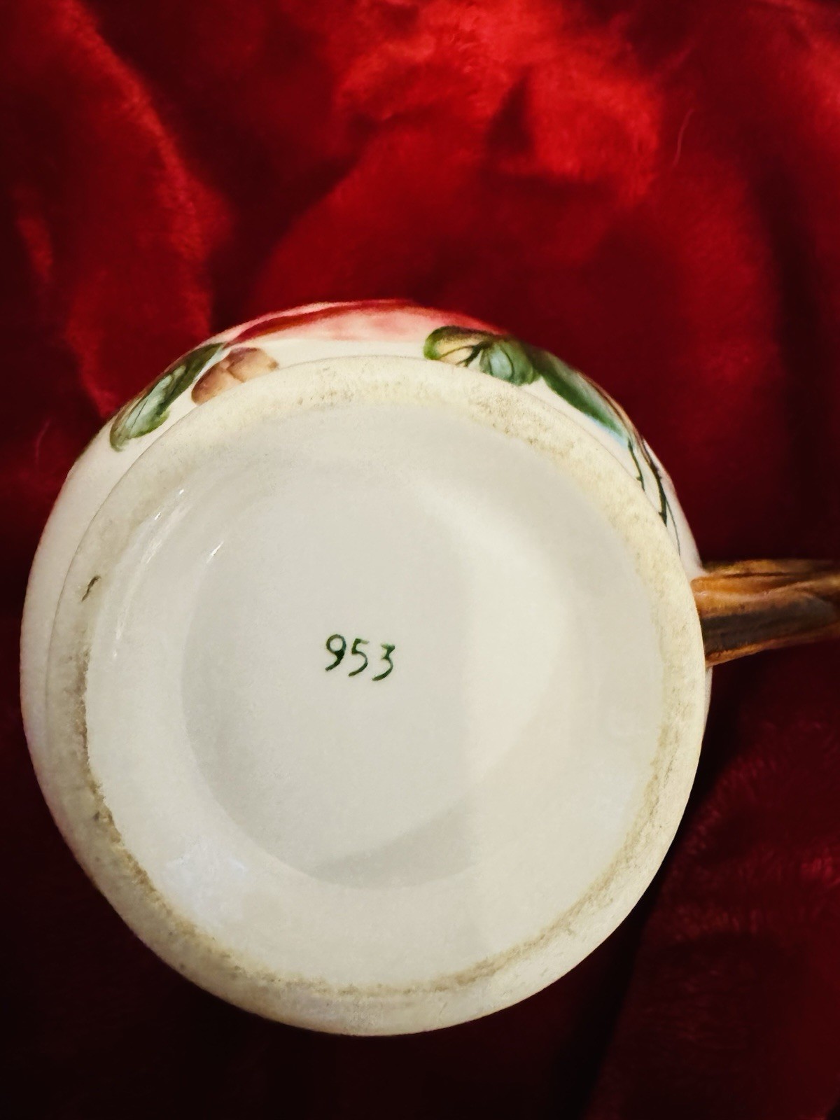 Hand-Painted Floral Rose Ceramic Creamer, White/Pink/Green, Gold Handle 953