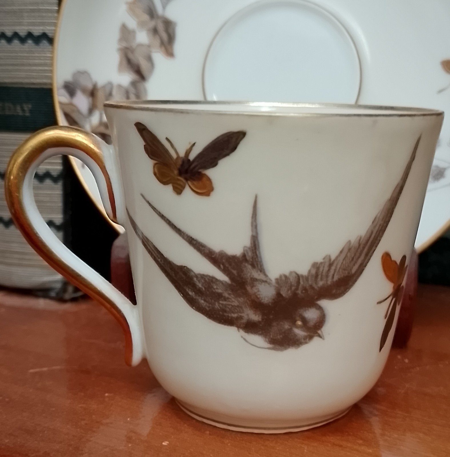 Fischer & Mieg Pirkenhammer Cup Saucer Birds BEES Hand-Painted 1890s C&S HTF